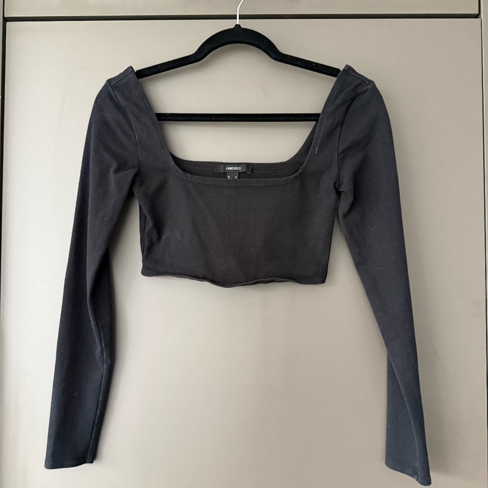 Black Stretchy Material Long Sleeve Crop Top Square Neckline